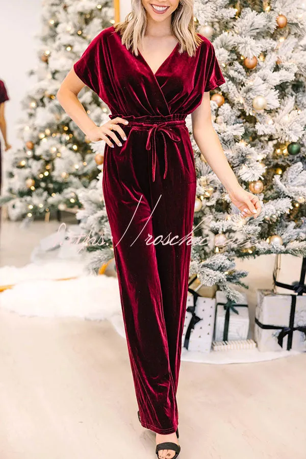 Holiday Star Velvet Lace Up Pocket Wide Leg Jumpsuit