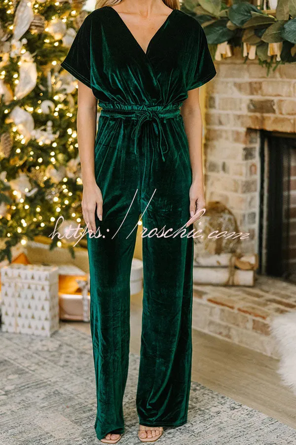 Holiday Star Velvet Lace Up Pocket Wide Leg Jumpsuit