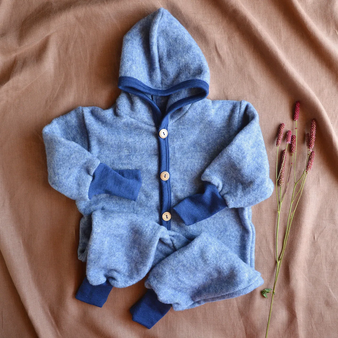 Hooded Overalls - Organic Wool/Cotton Fleece - Blue Melange (6m-3y)*Returning 2025