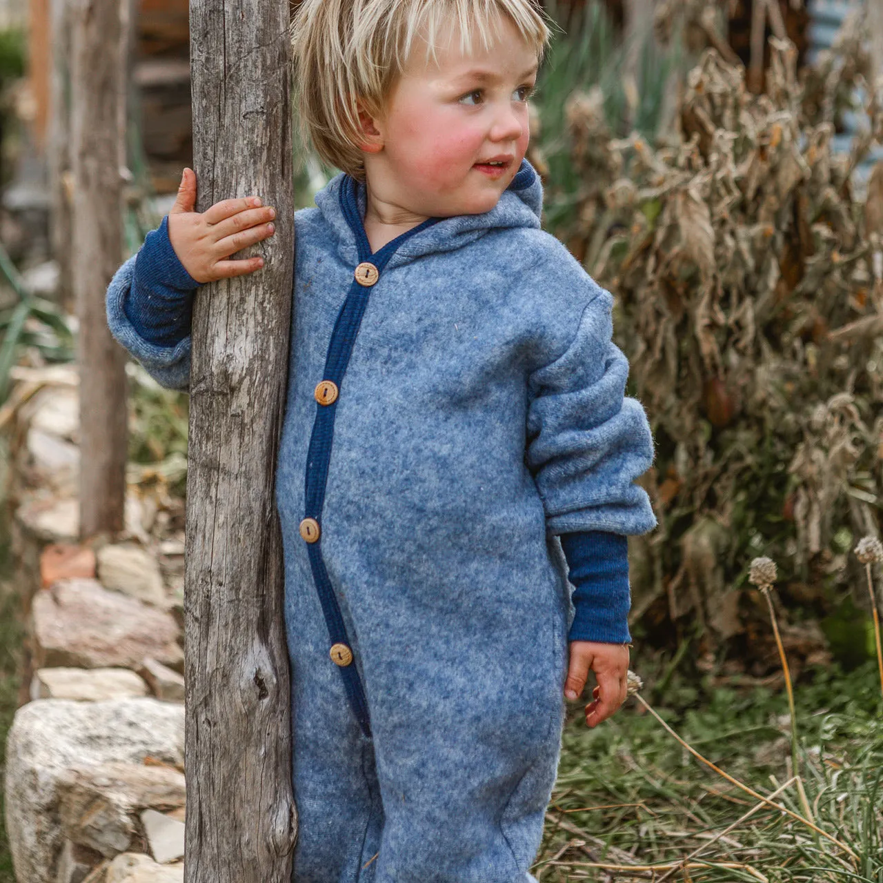 Hooded Overalls - Organic Wool/Cotton Fleece - Blue Melange (6m-3y)*Returning 2025