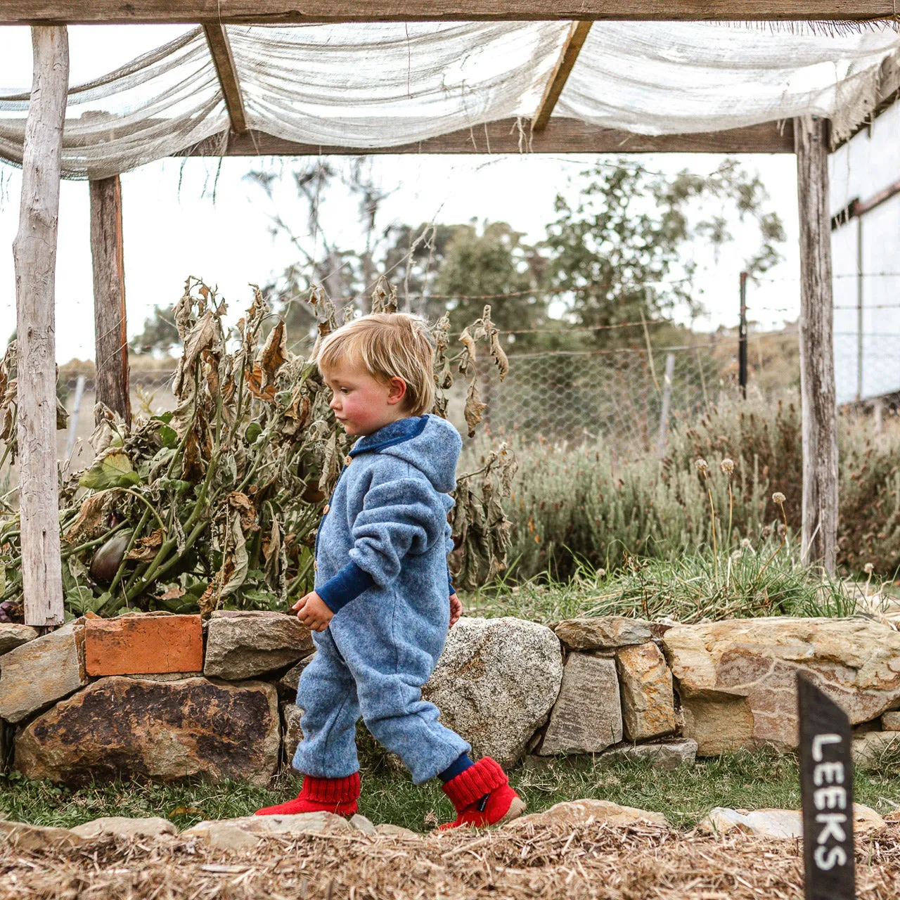 Hooded Overalls - Organic Wool/Cotton Fleece - Blue Melange (6m-3y)*Returning 2025