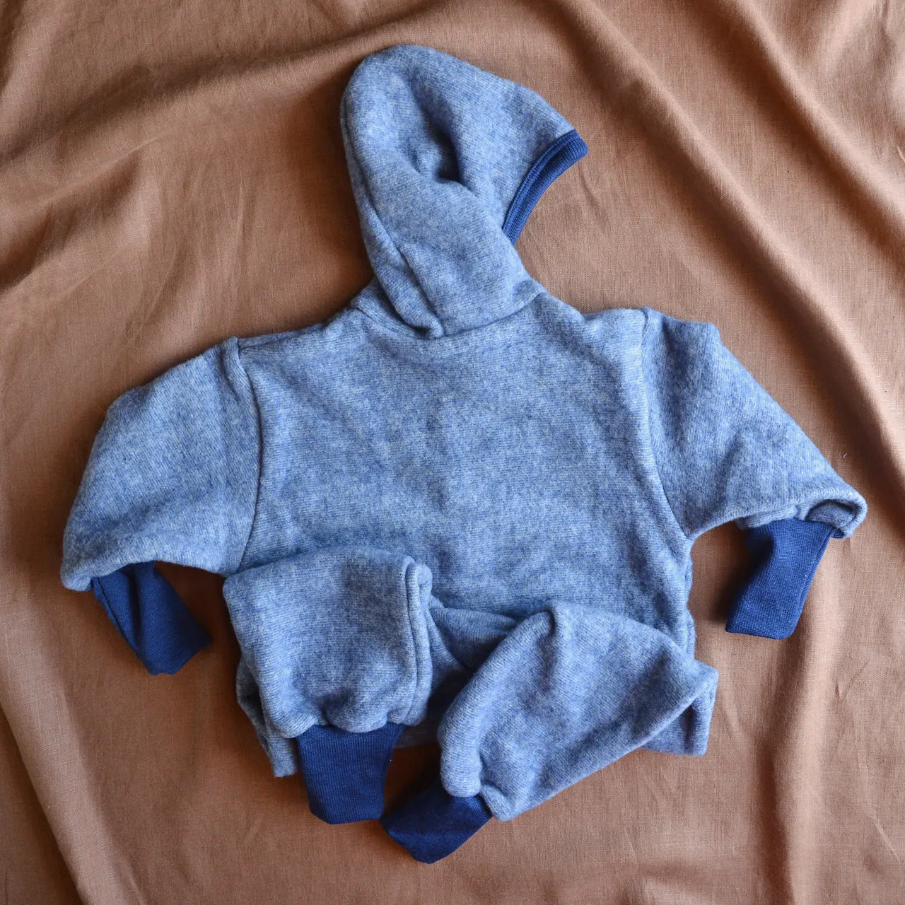 Hooded Overalls - Organic Wool/Cotton Fleece - Blue Melange (6m-3y)*Returning 2025