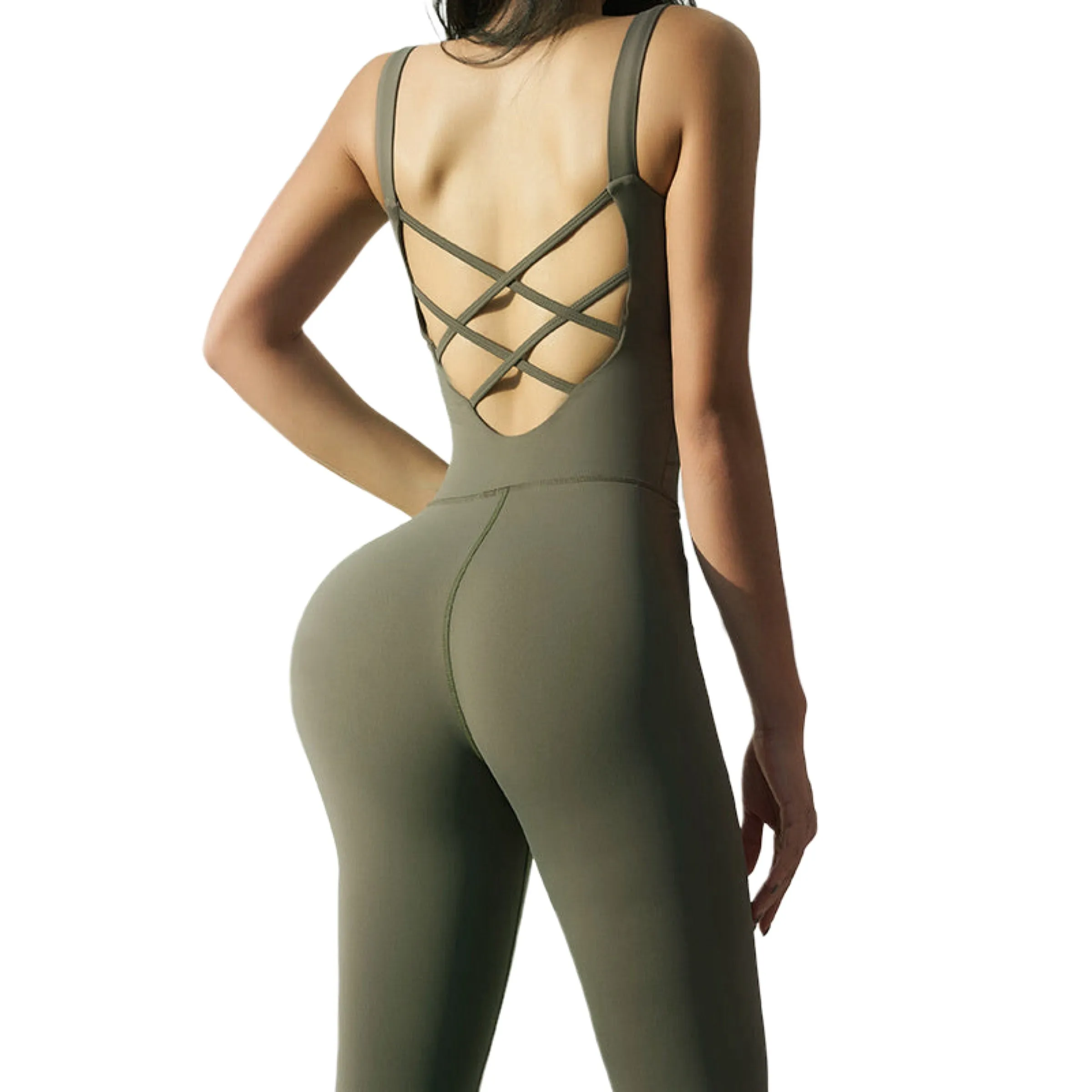 Hourglass Yoga Jumpsuit Crossed Back One-Piece Sport Suit Women's Color Army Green and Black Sizes S, M, L