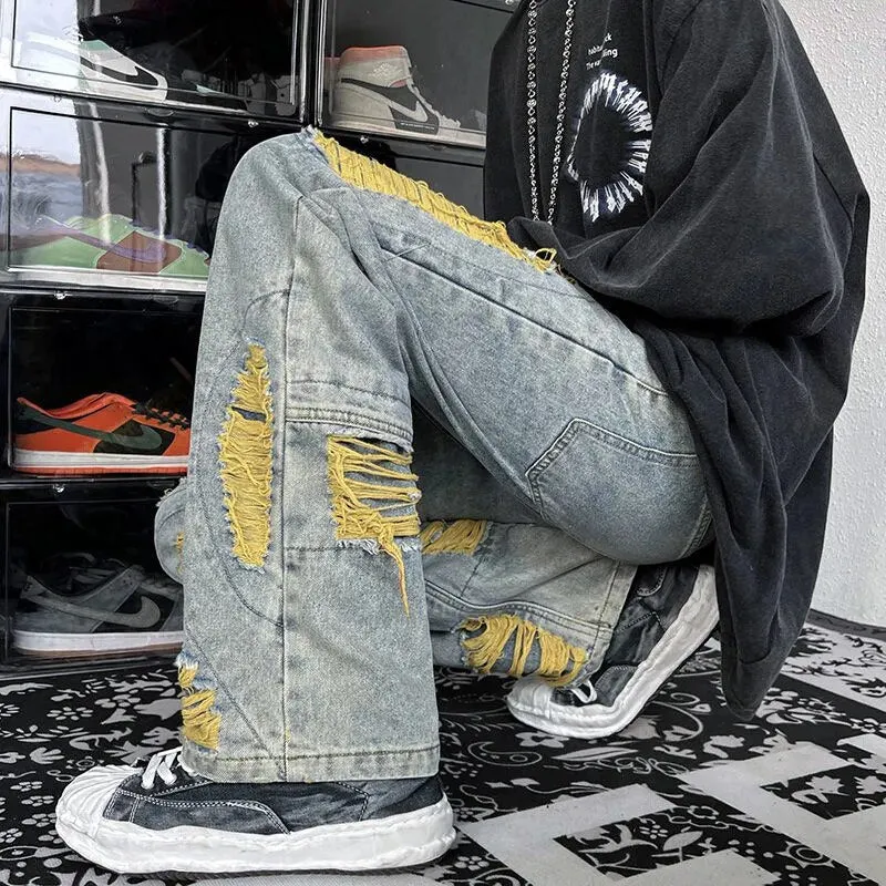 Ilooove - American High Street Men's Jeans Contrast Color Ripped Loose Fashion Denim Pants Hip Hop Male Brand Trousers