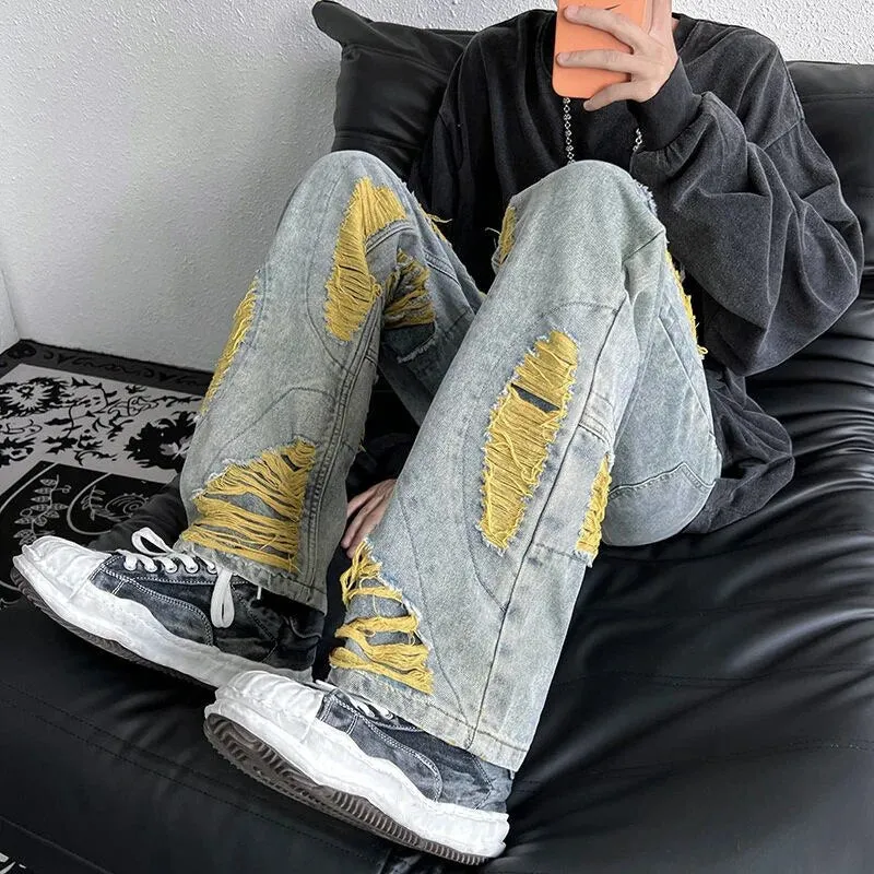 Ilooove - American High Street Men's Jeans Contrast Color Ripped Loose Fashion Denim Pants Hip Hop Male Brand Trousers