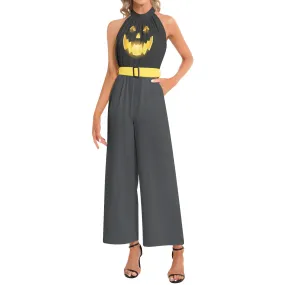 Jack O Lantern Halter Neck Buckle Belted Jumpsuit