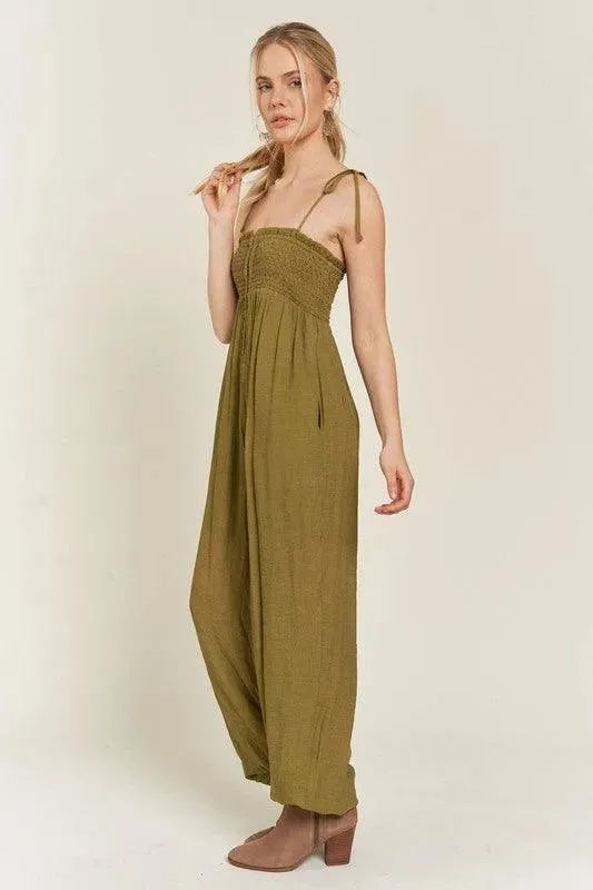 Jade By Jane Smocked Tie Strap Jumpsuit