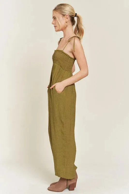 Jade By Jane Smocked Tie Strap Jumpsuit