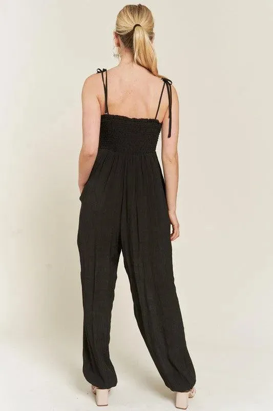 Jade By Jane Smocked Tie Strap Jumpsuit