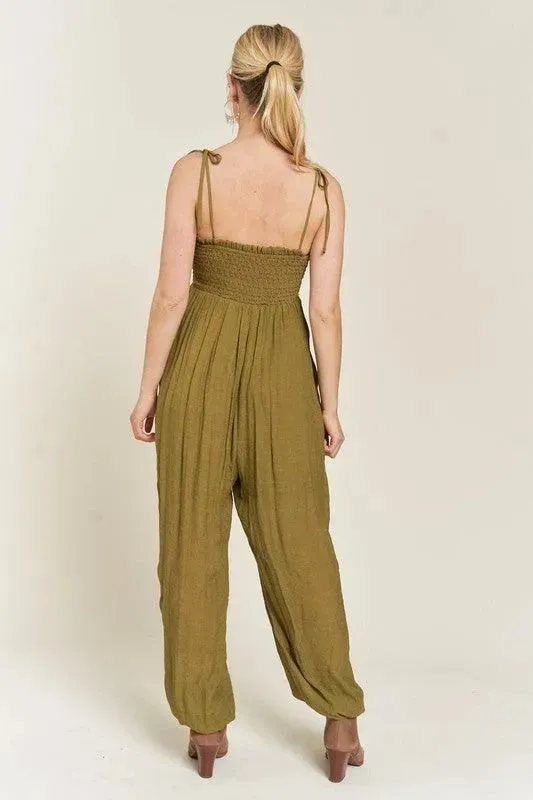 Jade By Jane Smocked Tie Strap Jumpsuit