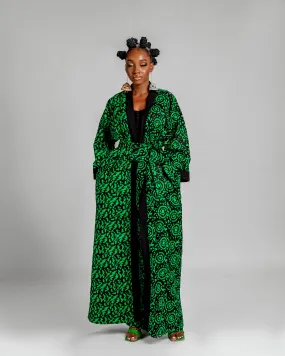 Jayla Long Kimono Jacket | Green and Black Print