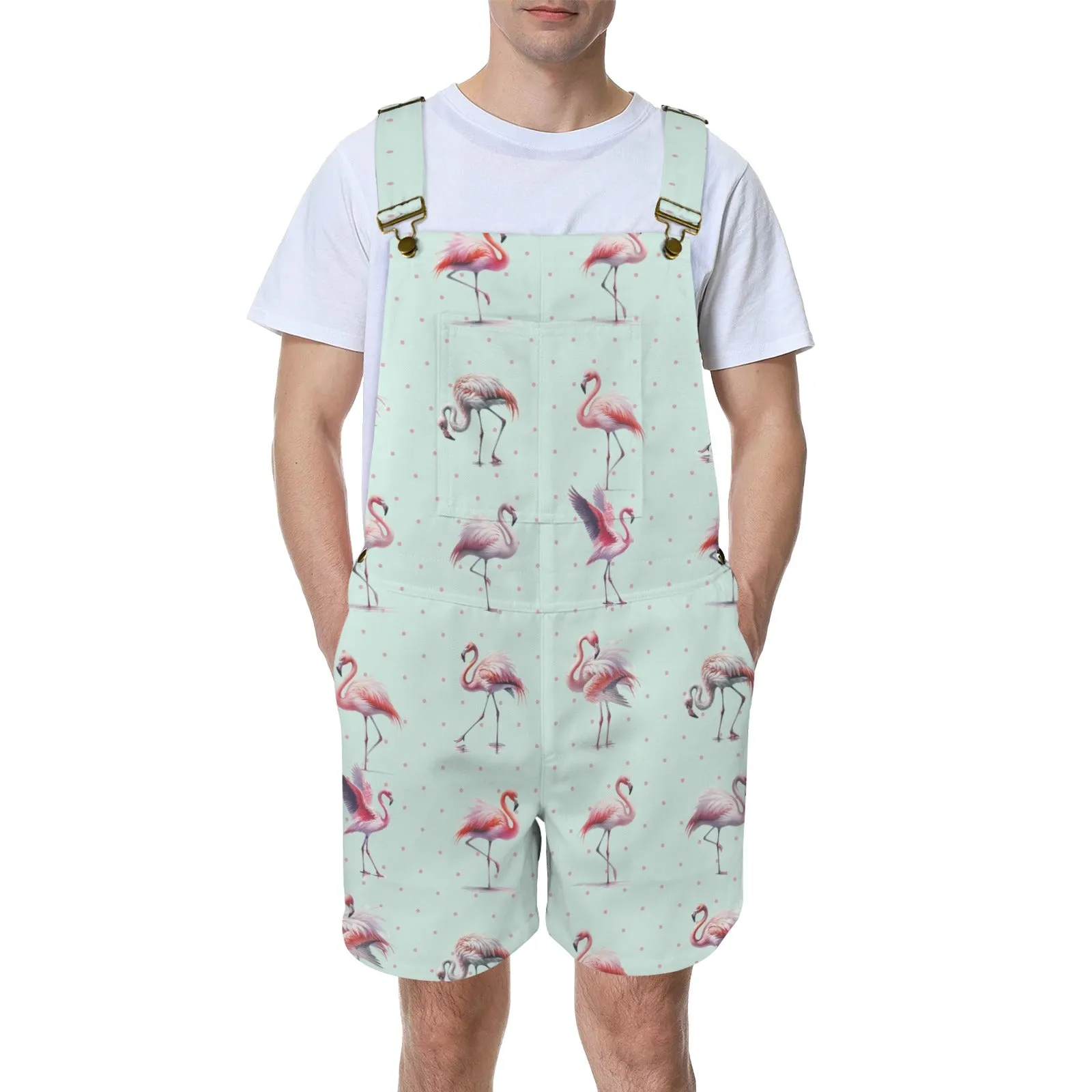 kemp flamingo print 2A Unisex Shorts Suspender Jumpsuit (Model L78)