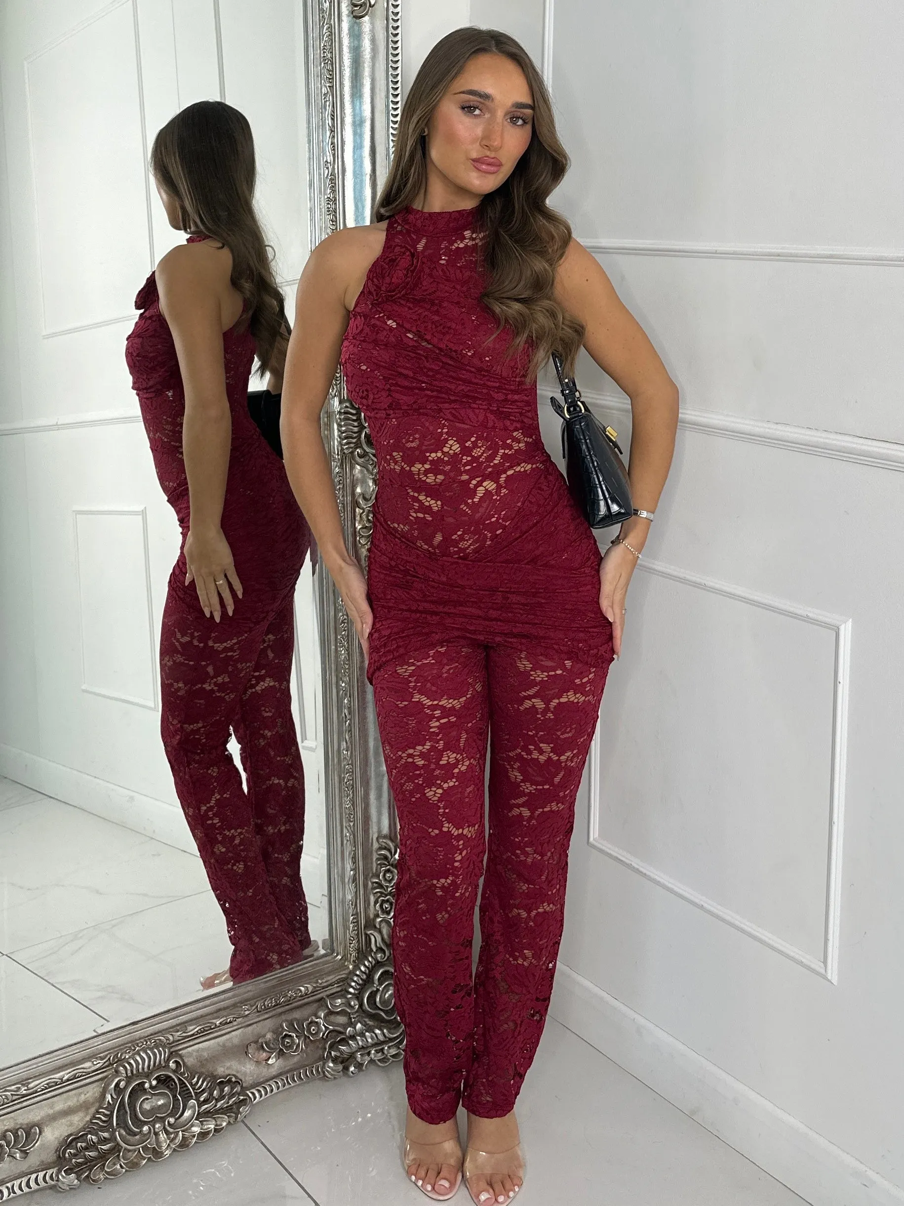 Lace Flower Drape Jumpsuit - Wine