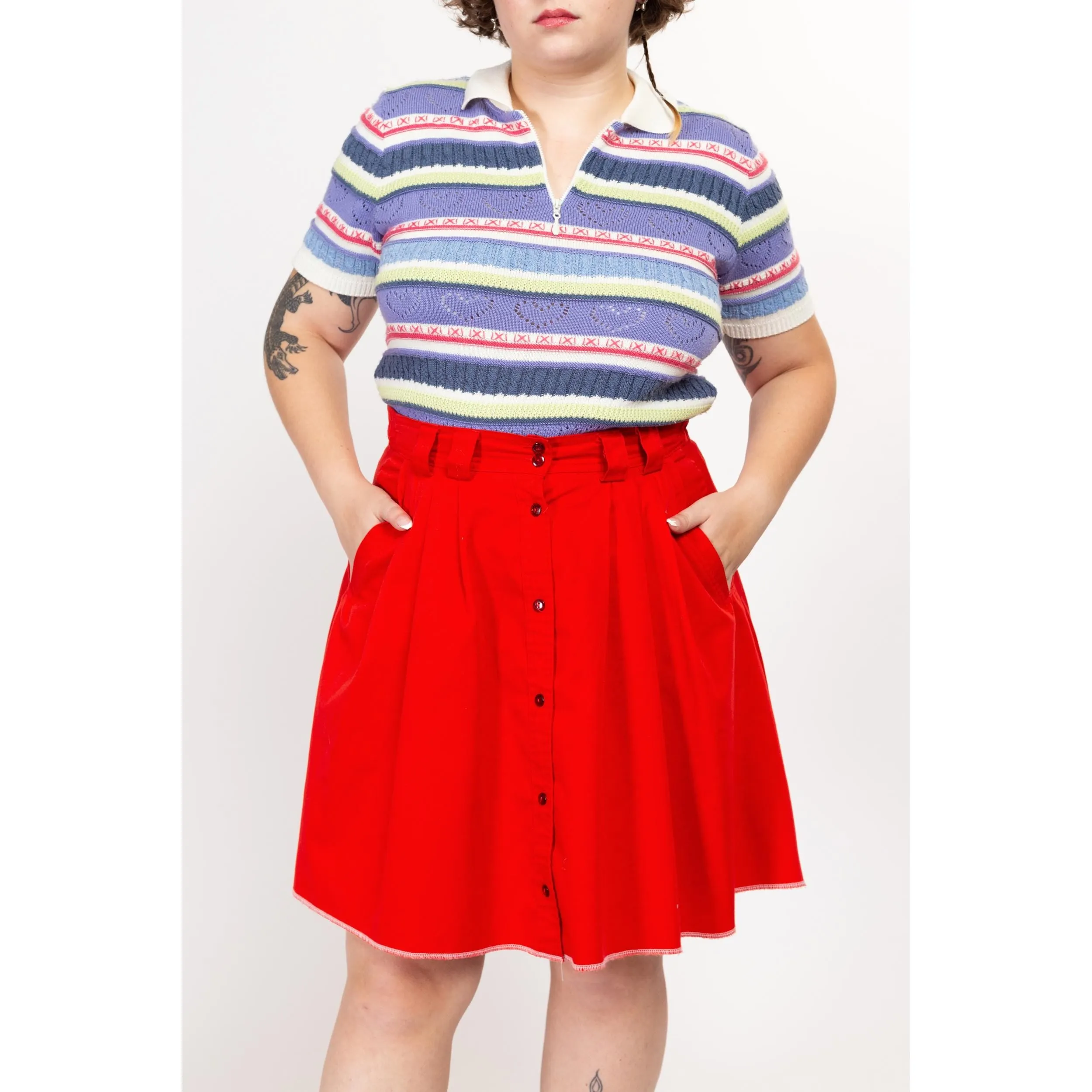 Large 80s Red Button Front Mini Skater Skirt