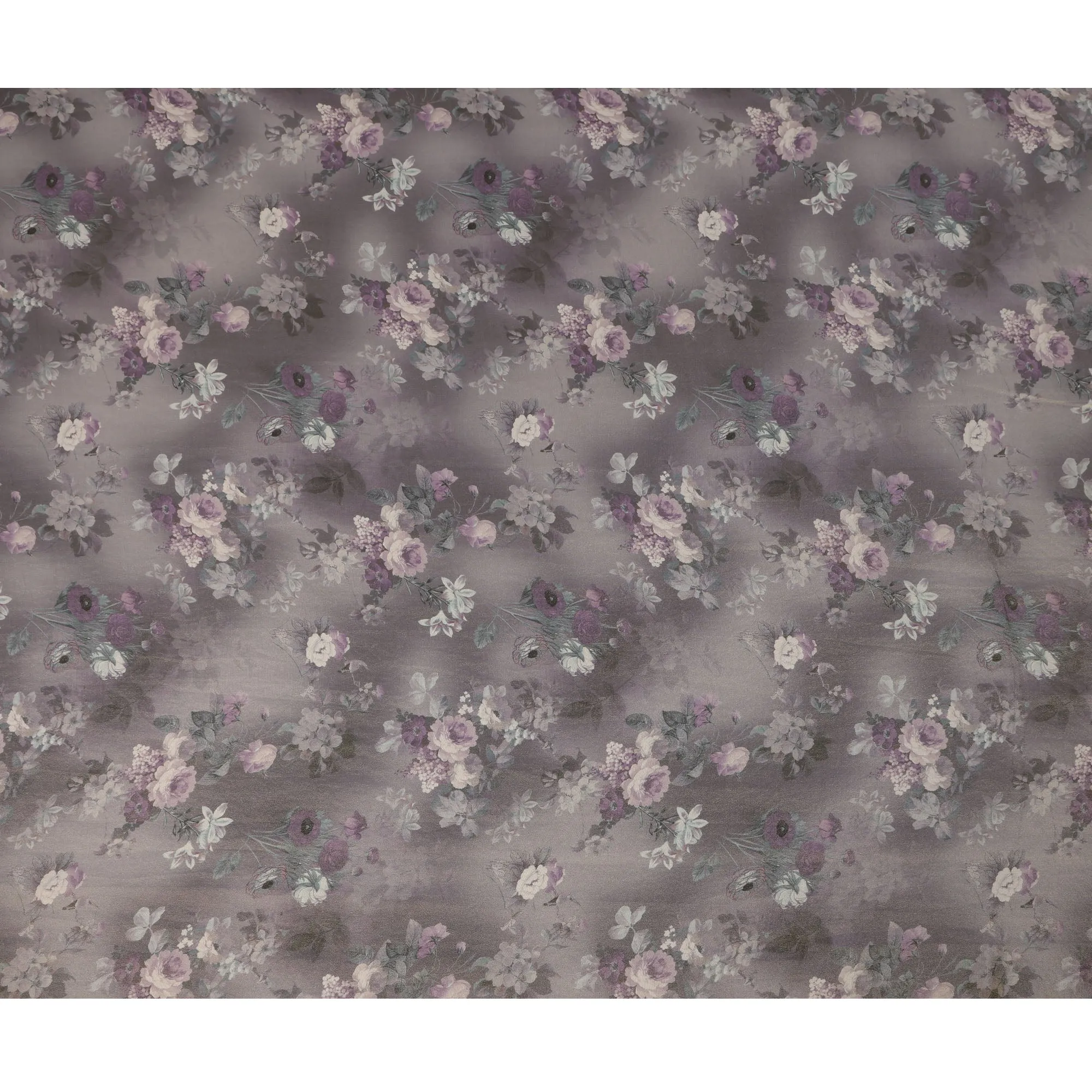 Lavender Grey Viscose Digital Printed Fabric with Metallic Finish and Floral Design, 110 cm Width-D21331