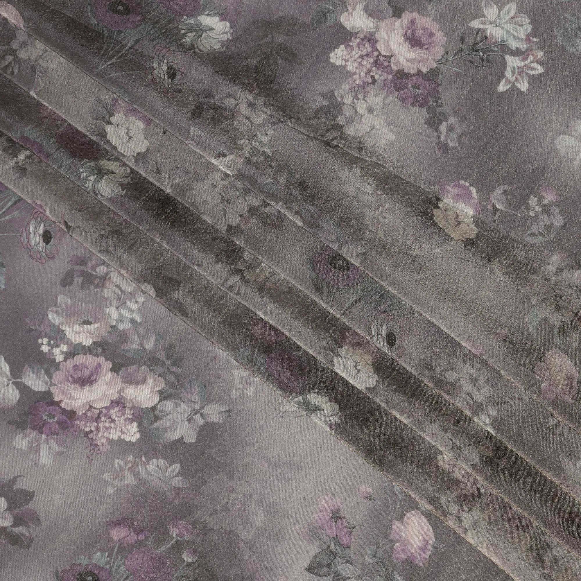 Lavender Grey Viscose Digital Printed Fabric with Metallic Finish and Floral Design, 110 cm Width-D21331