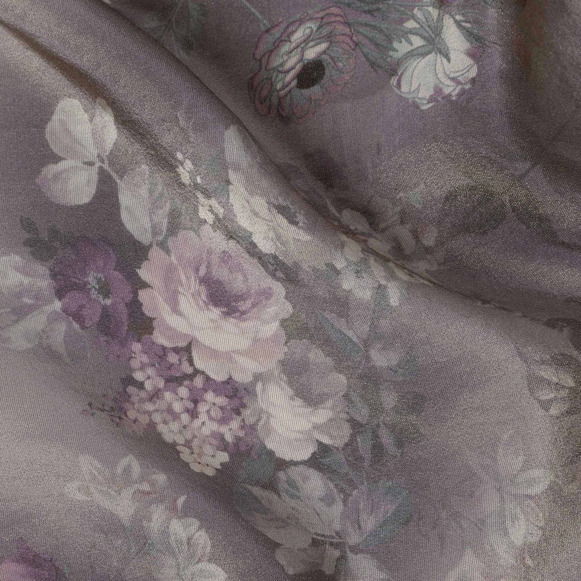 Lavender Grey Viscose Digital Printed Fabric with Metallic Finish and Floral Design, 110 cm Width-D21331