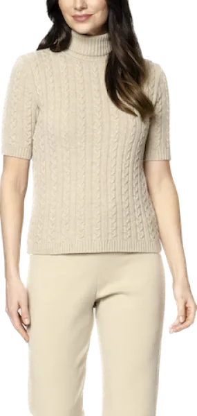 Lea Short Sleeved Cable-Knit Turtleneck - Beige