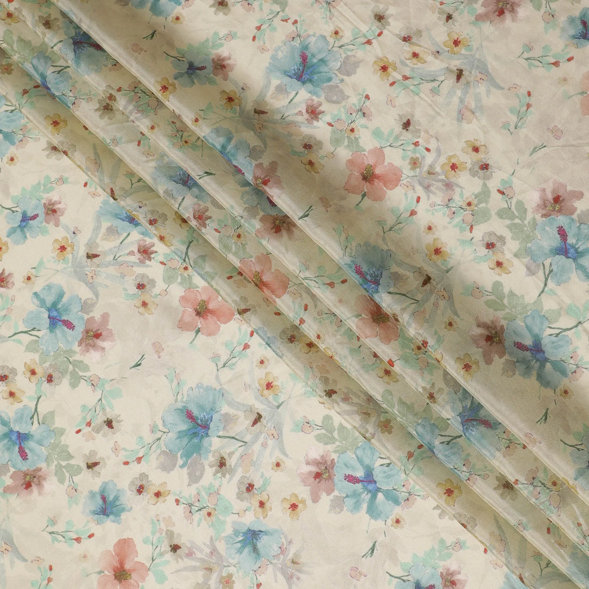 Light beige blended viscose organza fabric with multicolor print having metallic finish in floral design-D17483