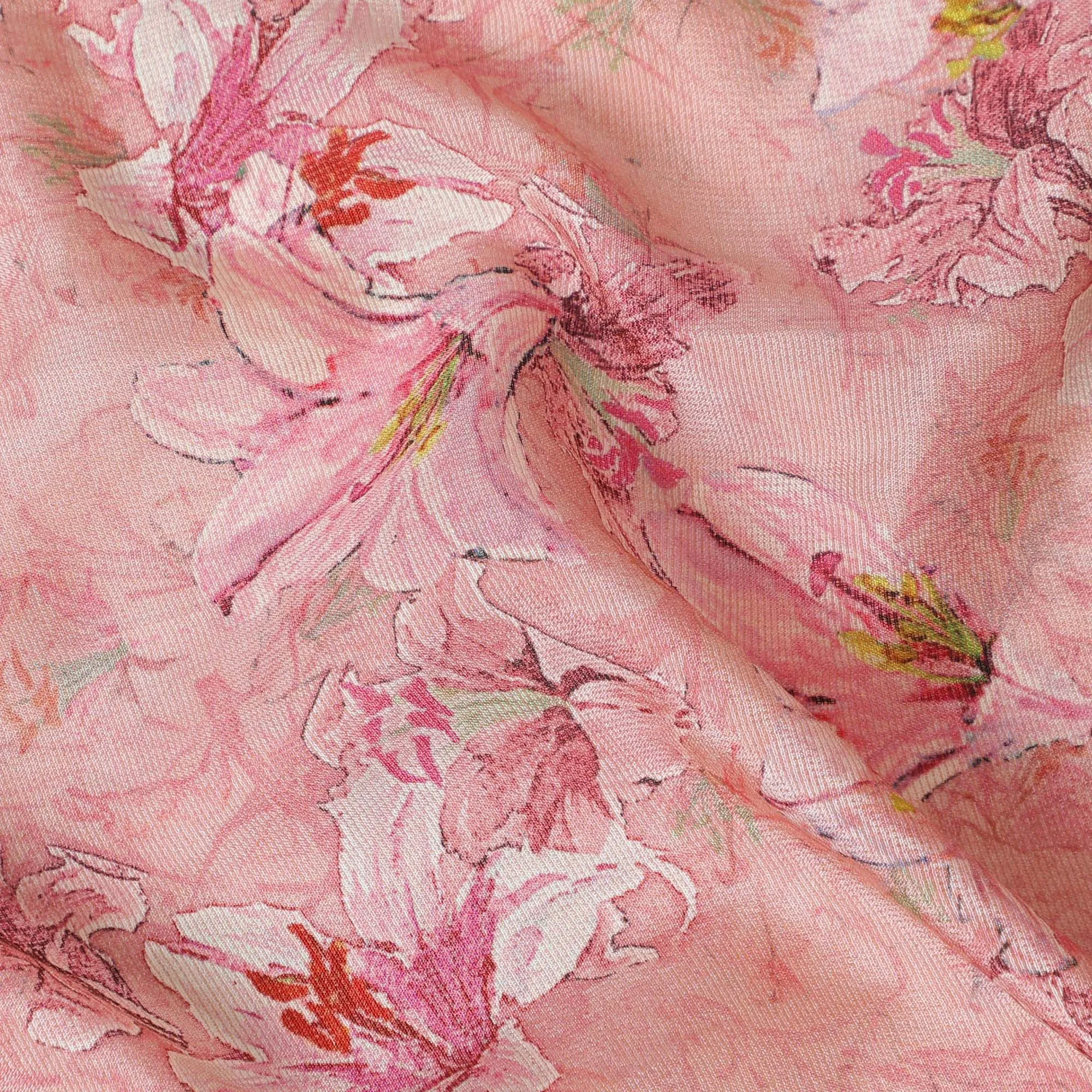 Light pink blended viscose organza fabric with multicolor print having metallic finish in floral design-D17493