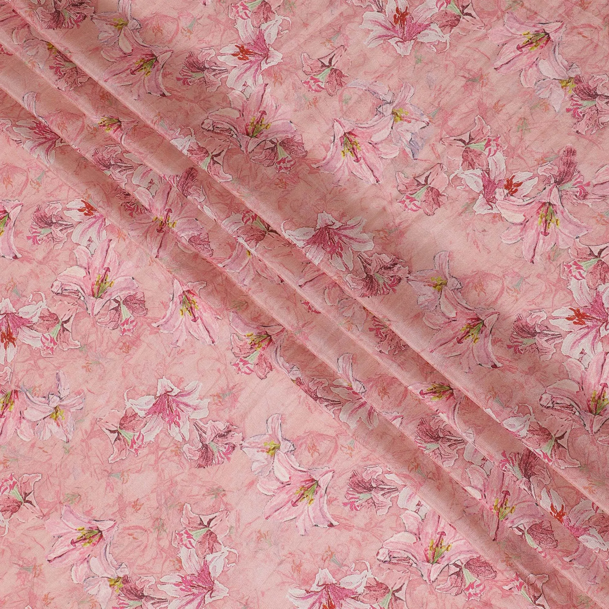 Light pink blended viscose organza fabric with multicolor print having metallic finish in floral design-D17493