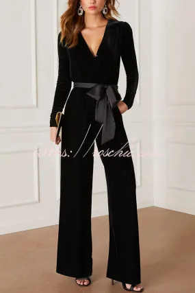 Love One Another Velvet Bow Belted Pocket Cutout Back Loose Jumpsuit