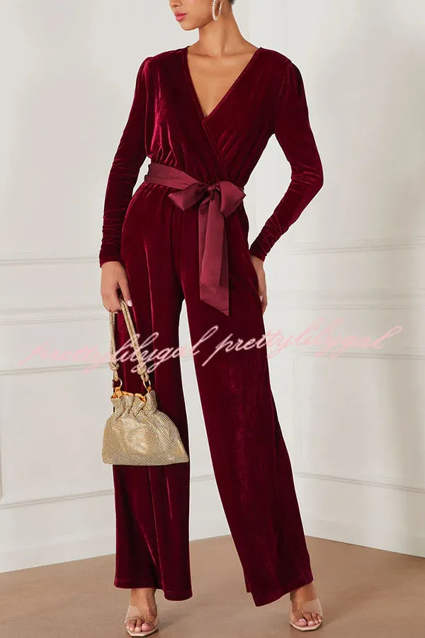 Love One Another Velvet Bow Belted Pocket Cutout Back Loose Jumpsuit