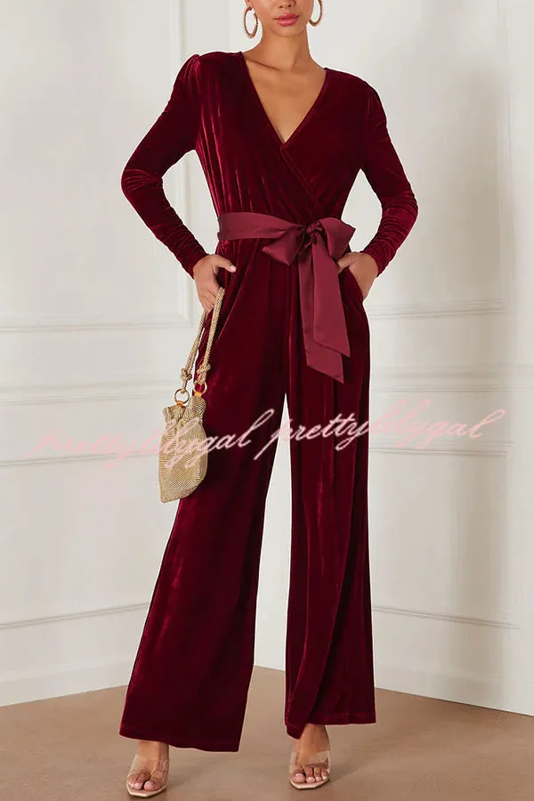 Love One Another Velvet Bow Belted Pocket Cutout Back Loose Jumpsuit