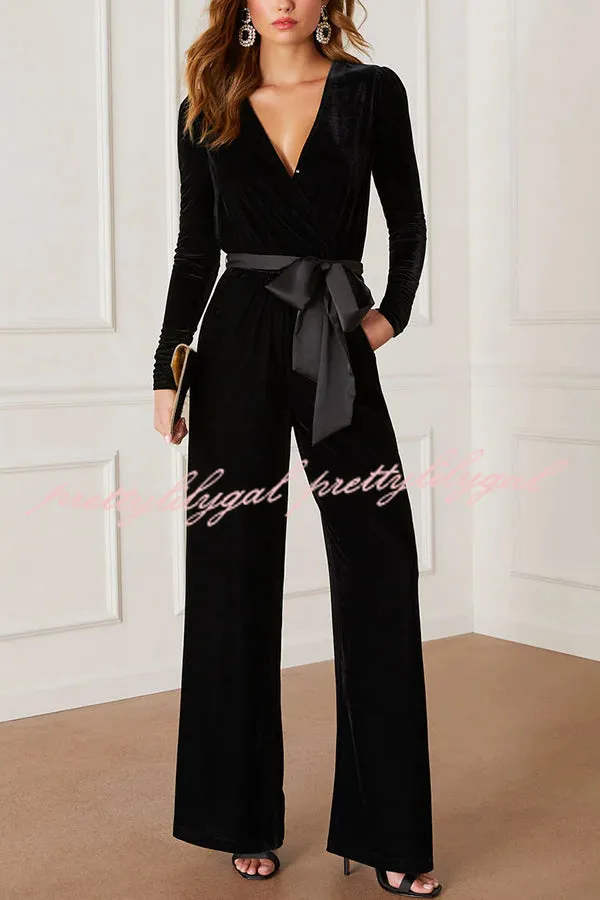 Love One Another Velvet Bow Belted Pocket Cutout Back Loose Jumpsuit