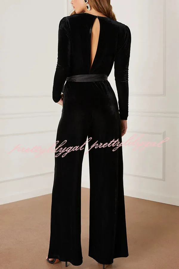 Love One Another Velvet Bow Belted Pocket Cutout Back Loose Jumpsuit