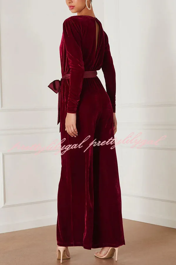 Love One Another Velvet Bow Belted Pocket Cutout Back Loose Jumpsuit