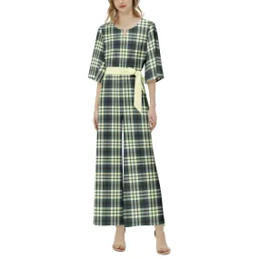 M Kemp Storm Green and Wheat Plaid Dolman Sleeve Belted Wide Leg Jumpsuit