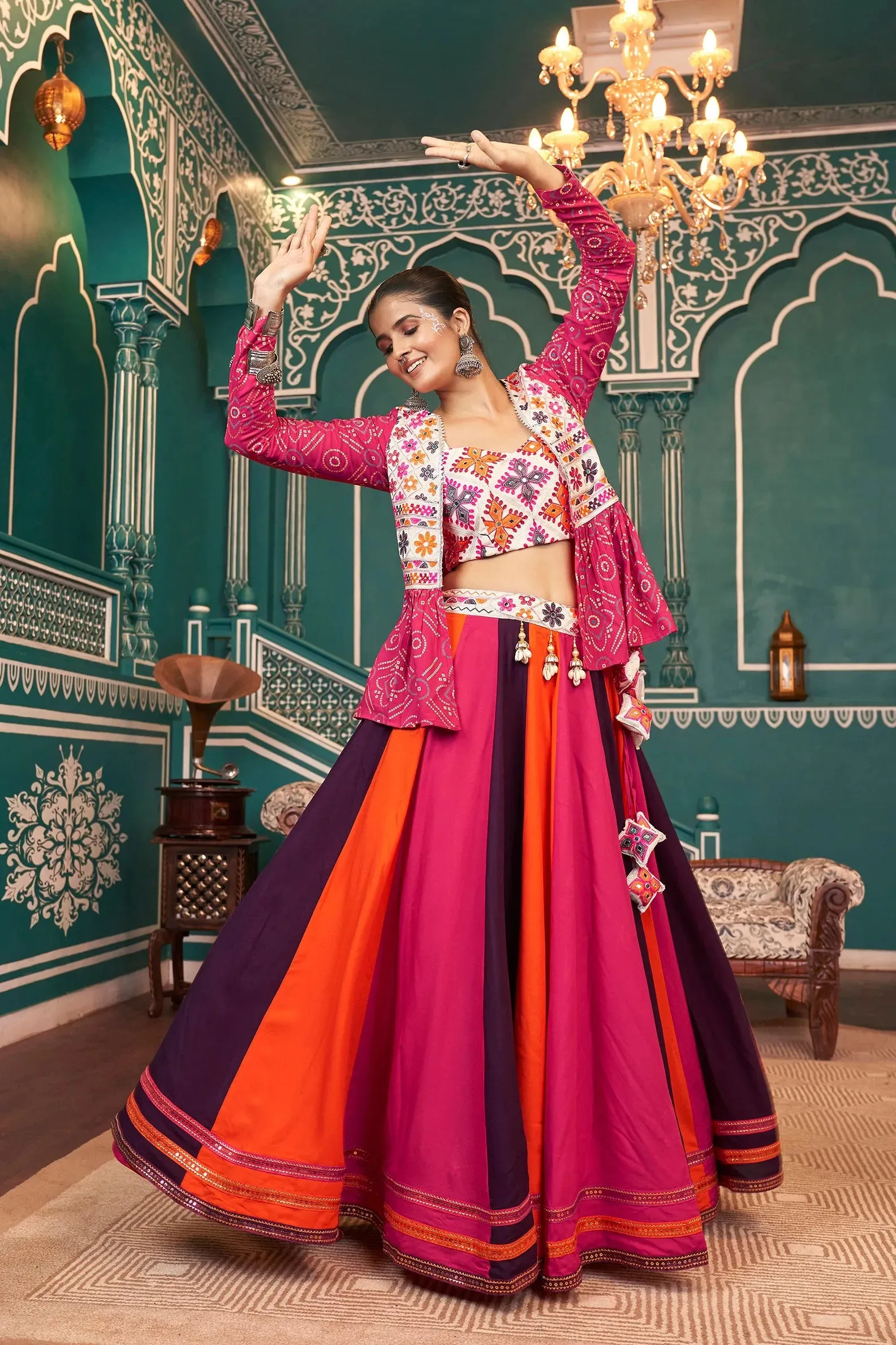 Magical Multicolored Rayon Navratri Jacket Lehenga Choli