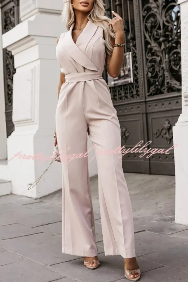 Make Your Entrance Lapel Belt Pocketed Wide Leg Formal Jumpsuit