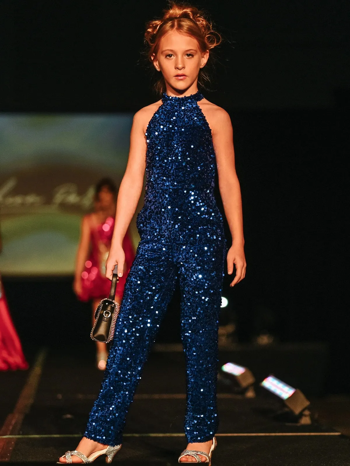 Marc Defang 5022 Girls Velvet Sequin Pageant Jumpsuit Fun Fashion High Neck