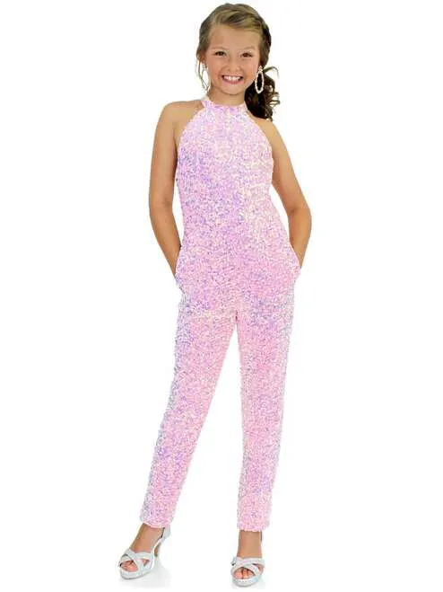 Marc Defang 5022 Girls Velvet Sequin Pageant Jumpsuit Fun Fashion High Neck