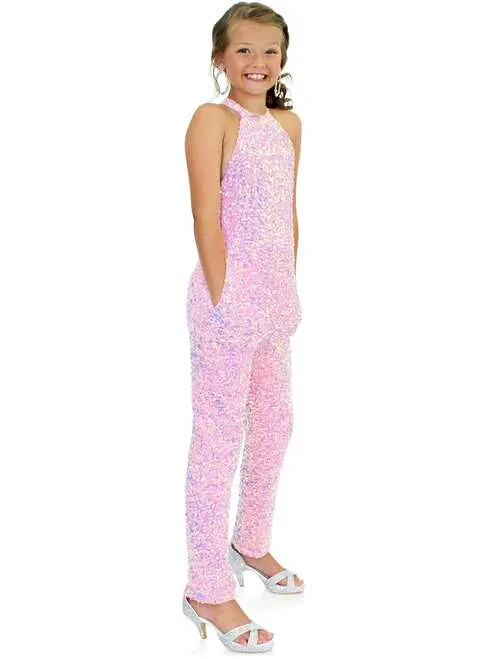 Marc Defang 5022 Girls Velvet Sequin Pageant Jumpsuit Fun Fashion High Neck