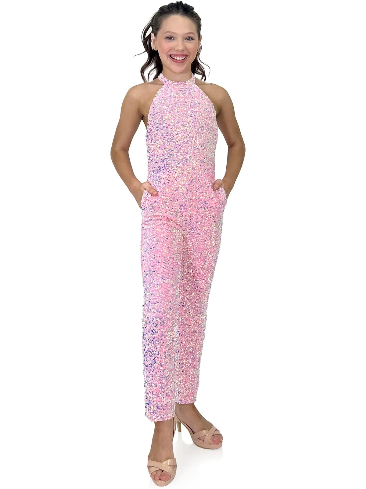 Marc Defang 5022 Girls Velvet Sequin Pageant Jumpsuit Fun Fashion High Neck