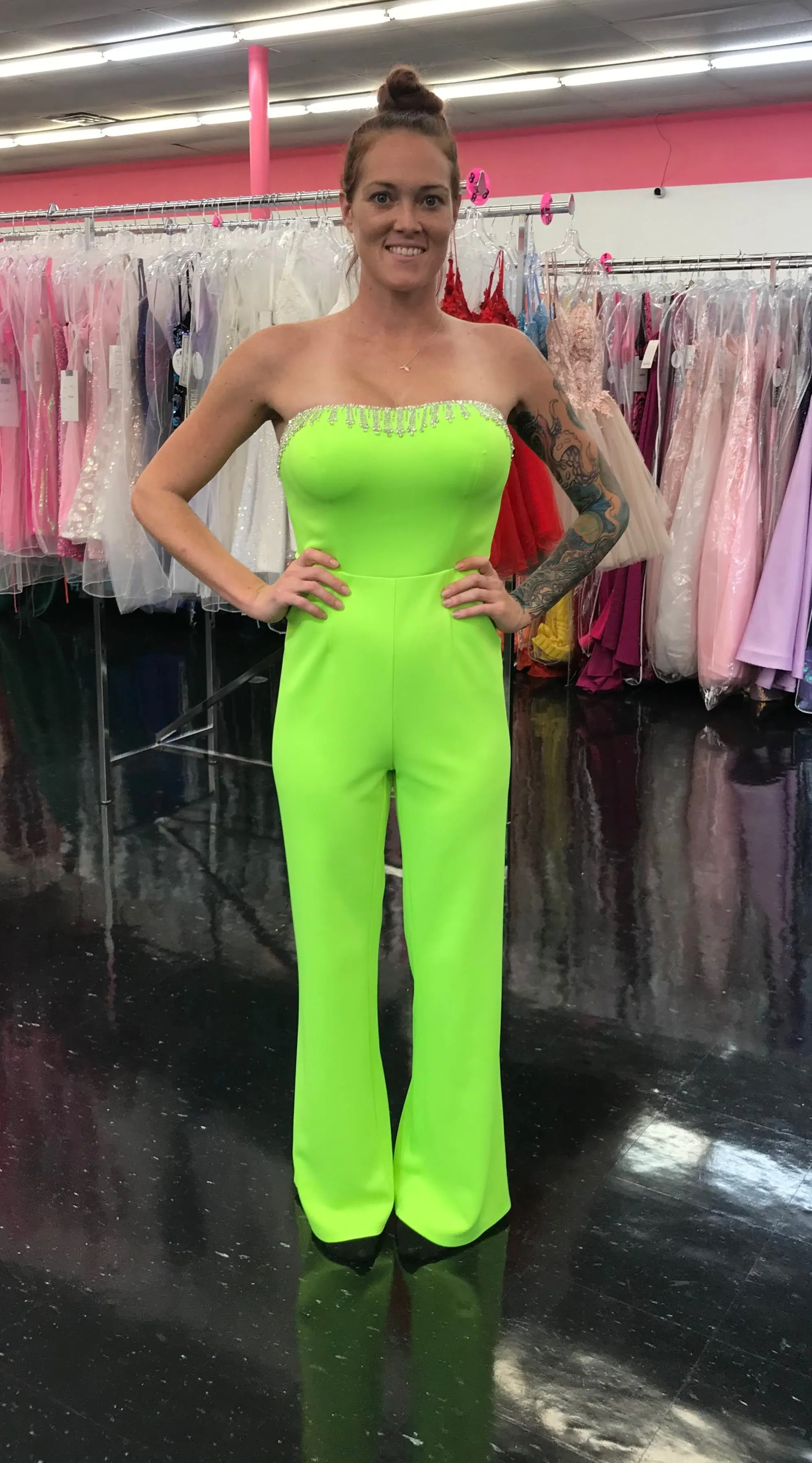 Marc Defang 8180 Size 0, 10 Neon Green Long Scuba Strapless Jumpsuit Crystal Fringe Tassel Pageant Neon