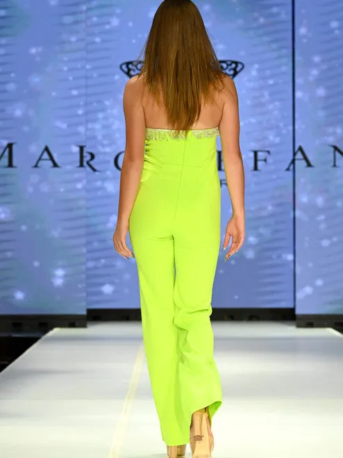 Marc Defang 8180 Size 0, 10 Neon Green Long Scuba Strapless Jumpsuit Crystal Fringe Tassel Pageant Neon