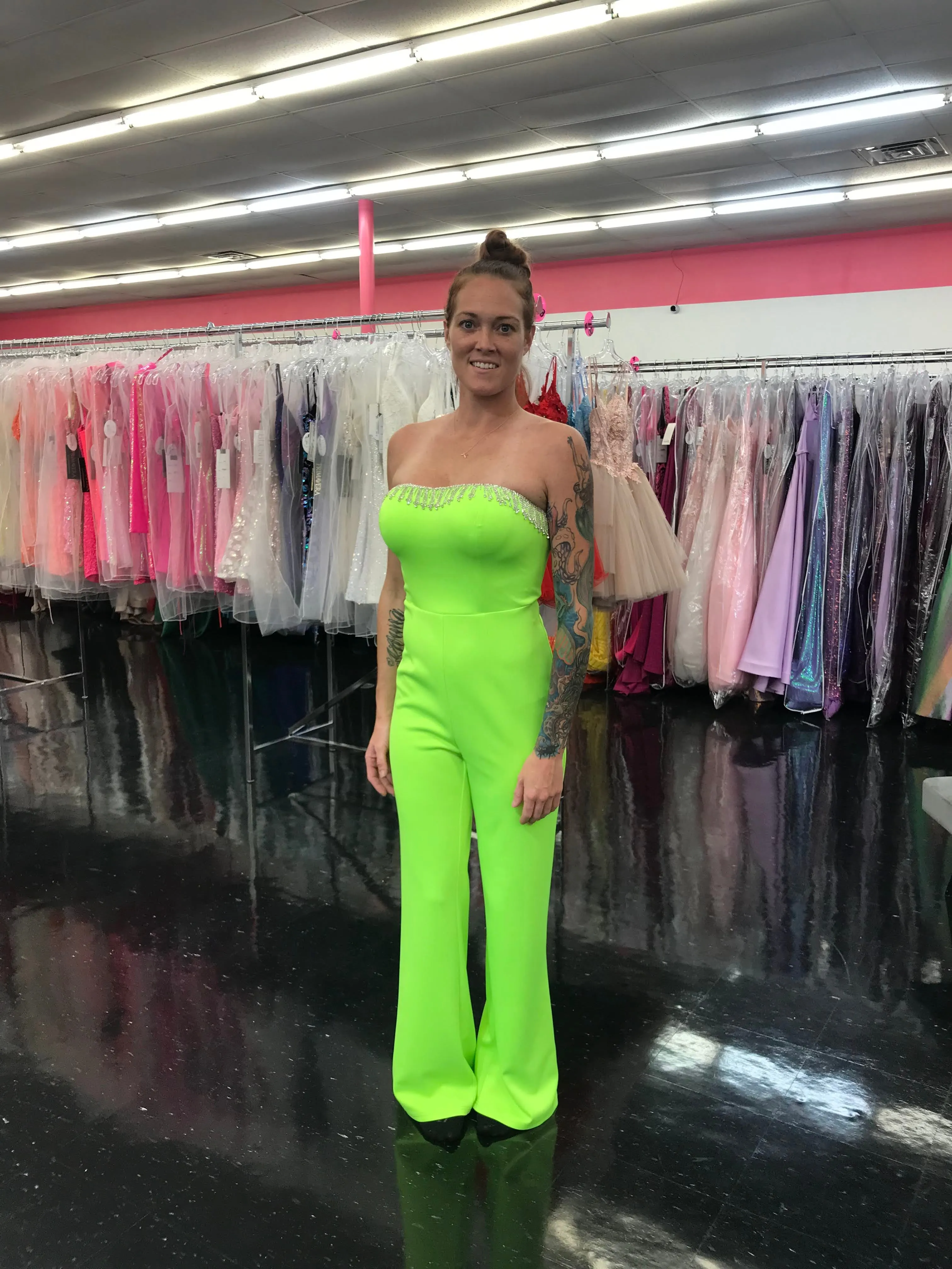 Marc Defang 8180 Size 0, 10 Neon Green Long Scuba Strapless Jumpsuit Crystal Fringe Tassel Pageant Neon