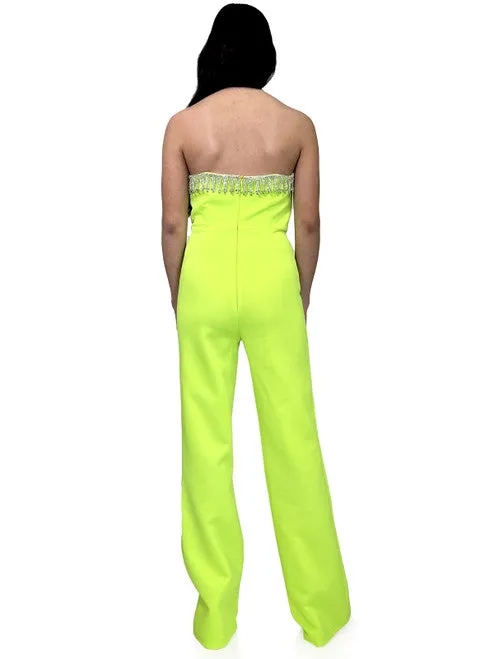 Marc Defang 8180 Size 0, 10 Neon Green Long Scuba Strapless Jumpsuit Crystal Fringe Tassel Pageant Neon