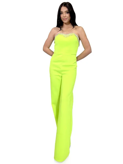 Marc Defang 8180 Size 0, 10 Neon Green Long Scuba Strapless Jumpsuit Crystal Fringe Tassel Pageant Neon