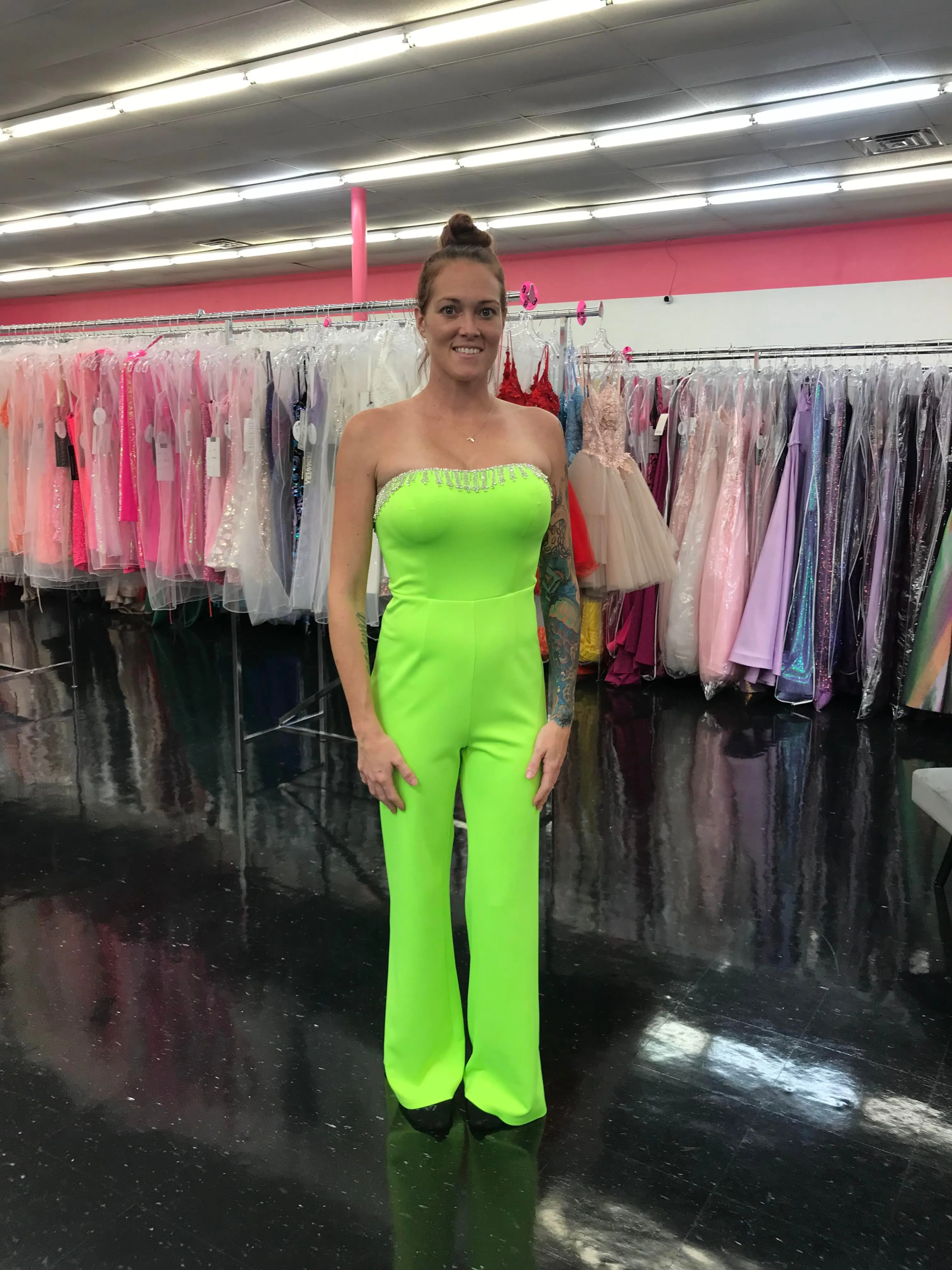 Marc Defang 8180 Size 0, 10 Neon Green Long Scuba Strapless Jumpsuit Crystal Fringe Tassel Pageant Neon