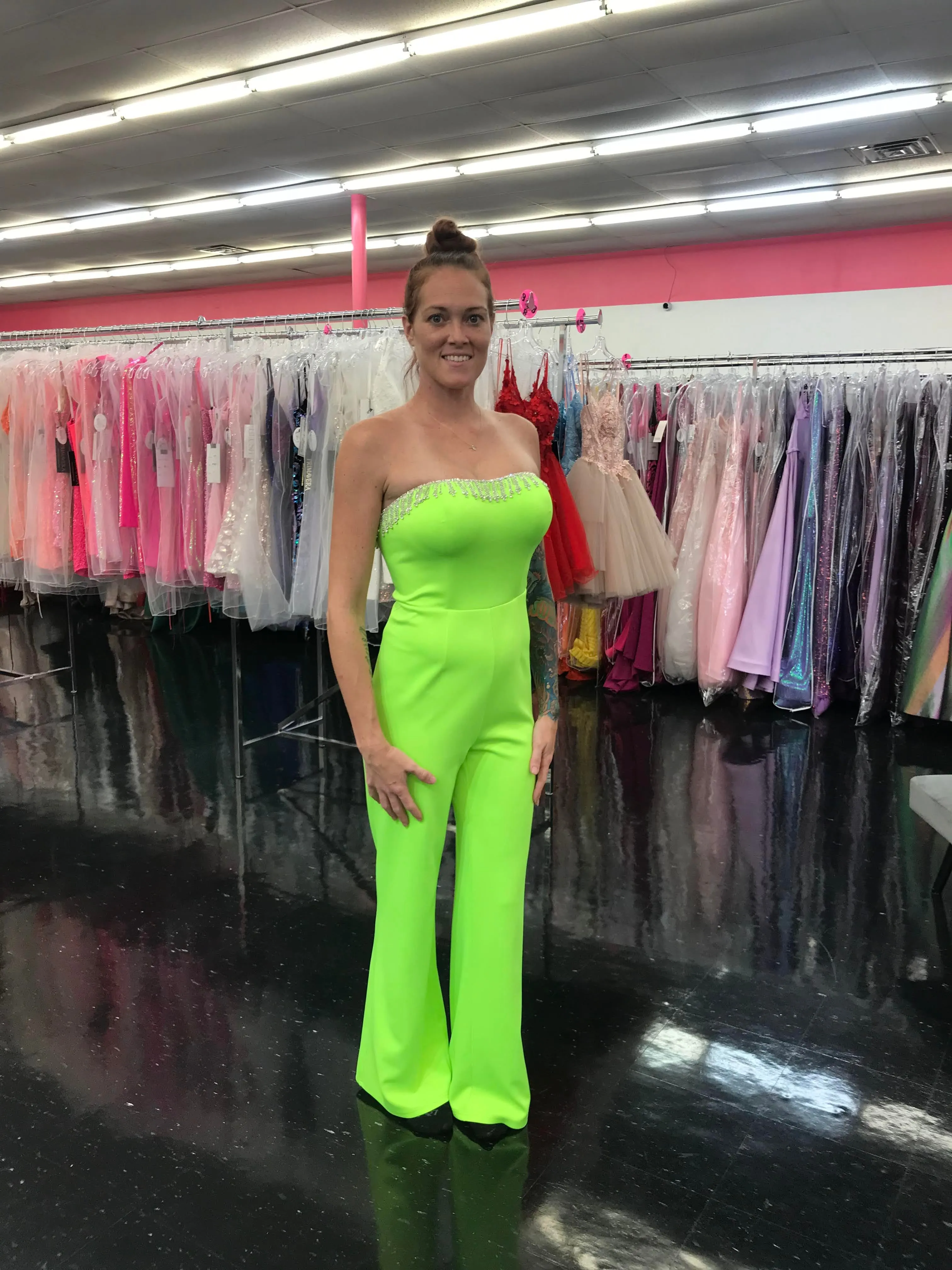 Marc Defang 8180 Size 0, 10 Neon Green Long Scuba Strapless Jumpsuit Crystal Fringe Tassel Pageant Neon