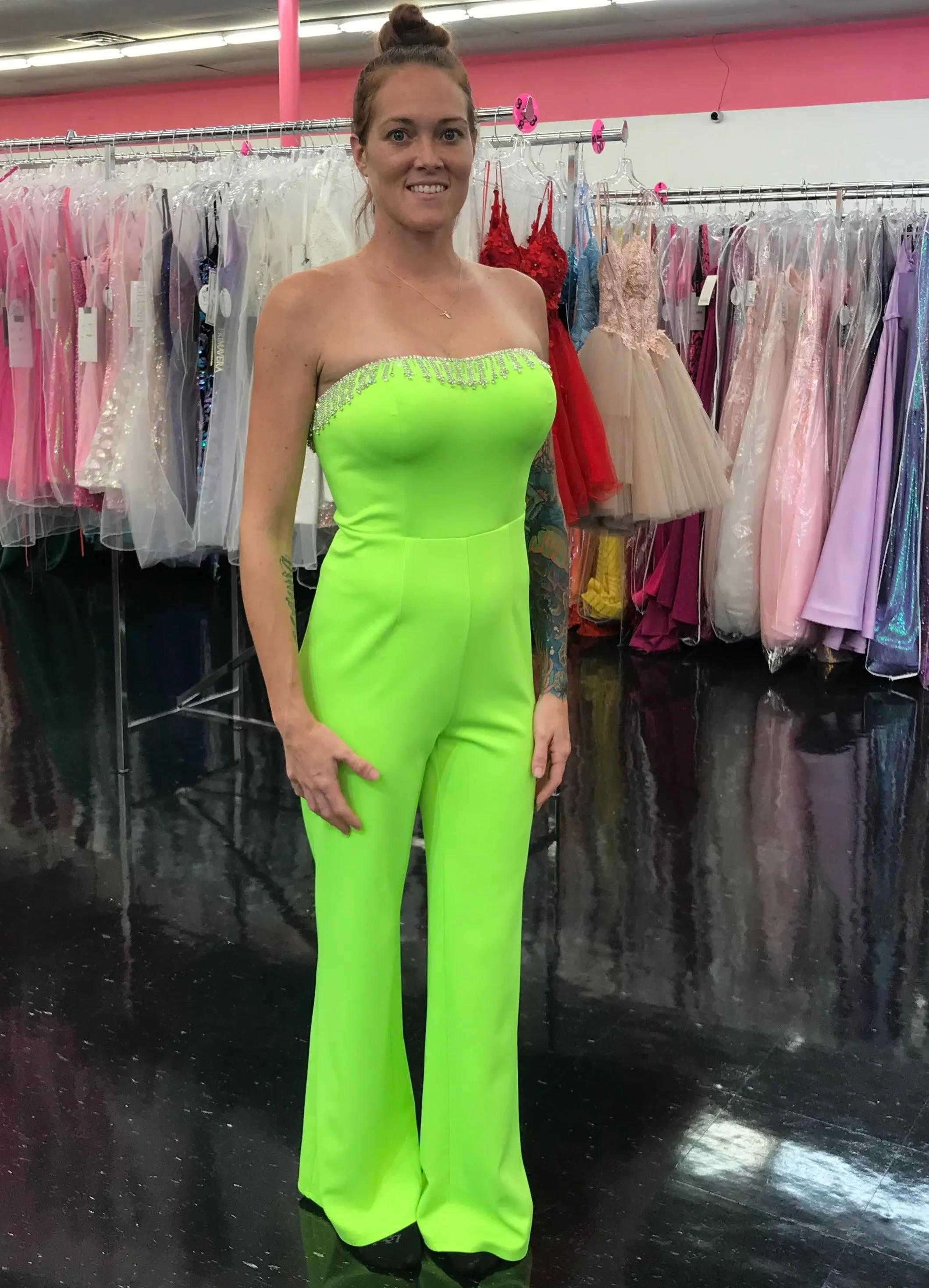 Marc Defang 8180 Size 0, 10 Neon Green Long Scuba Strapless Jumpsuit Crystal Fringe Tassel Pageant Neon