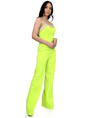 Marc Defang 8180 Size 0, 10 Neon Green Long Scuba Strapless Jumpsuit Crystal Fringe Tassel Pageant Neon