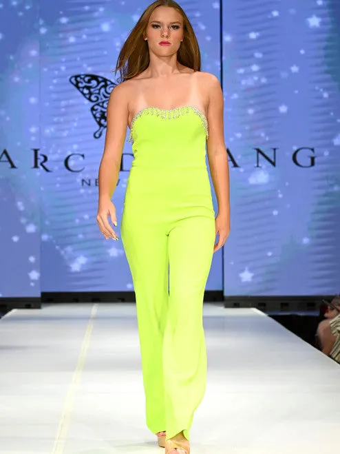 Marc Defang 8180 Size 0, 10 Neon Green Long Scuba Strapless Jumpsuit Crystal Fringe Tassel Pageant Neon