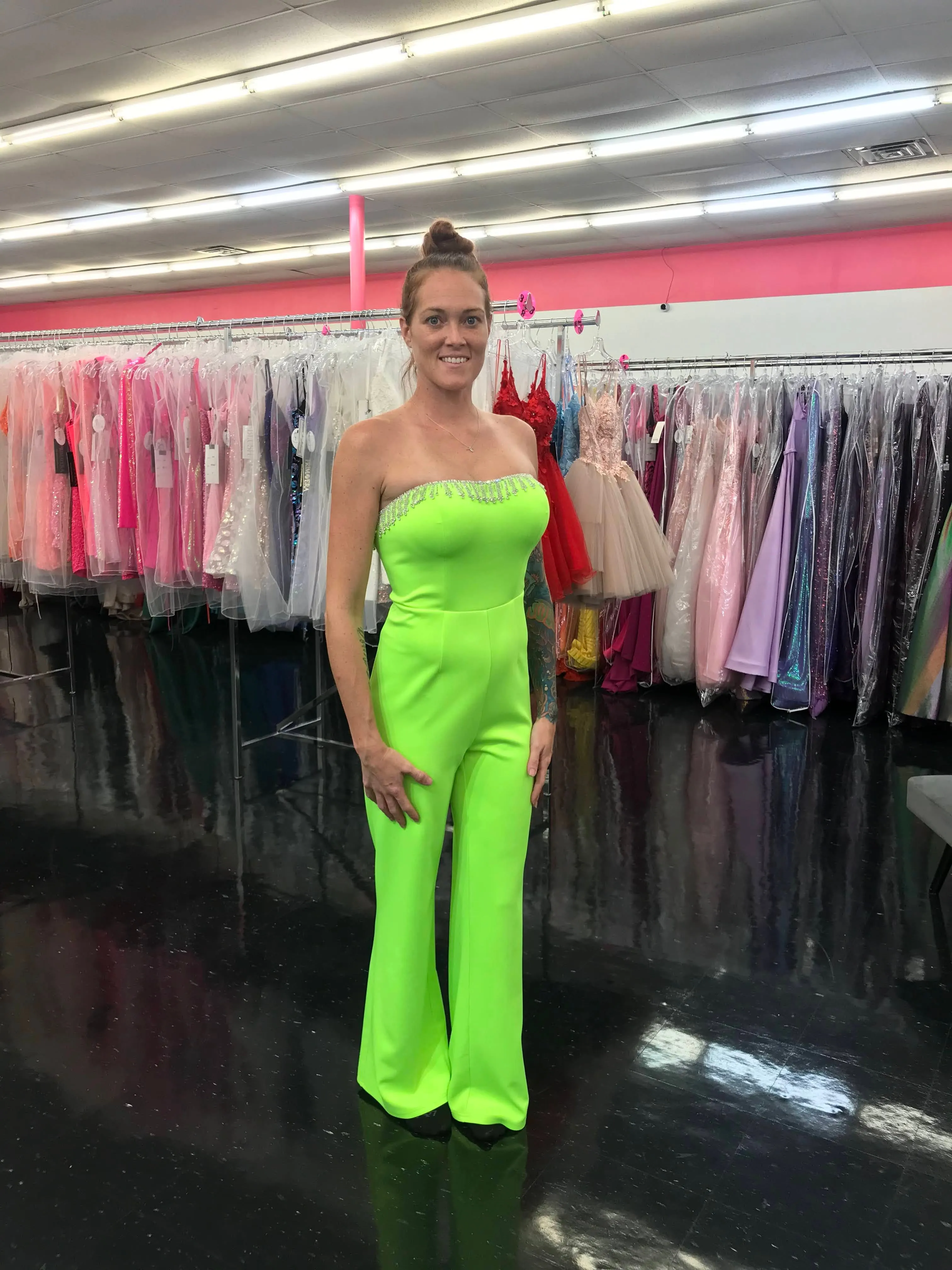 Marc Defang 8180 Size 0, 10 Neon Green Long Scuba Strapless Jumpsuit Crystal Fringe Tassel Pageant Neon