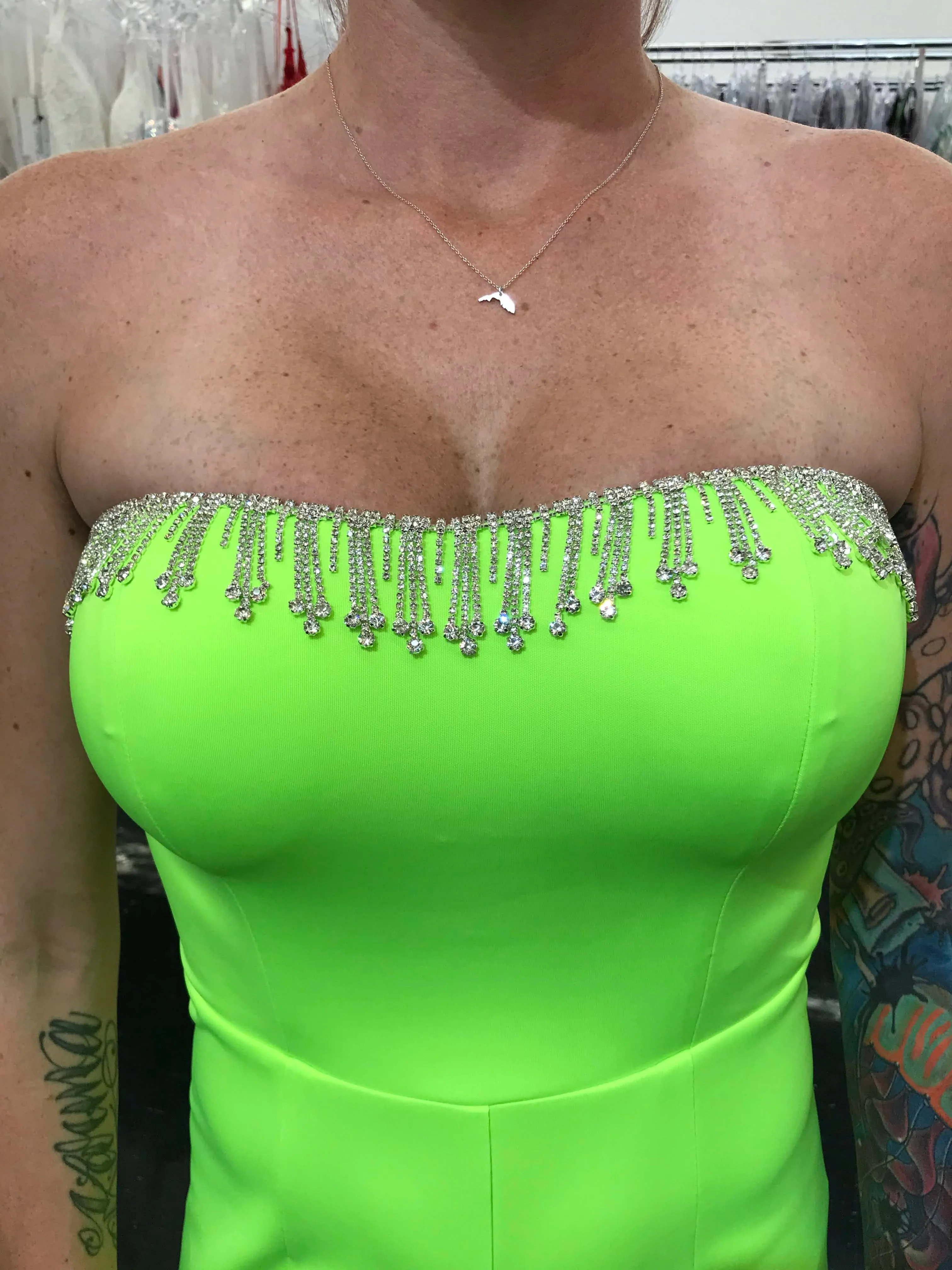 Marc Defang 8180 Size 0, 10 Neon Green Long Scuba Strapless Jumpsuit Crystal Fringe Tassel Pageant Neon